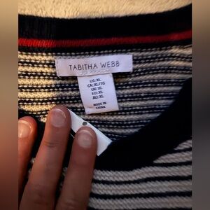 Tabitha Webb Black and White Striped Crew Sweater with Red Trim